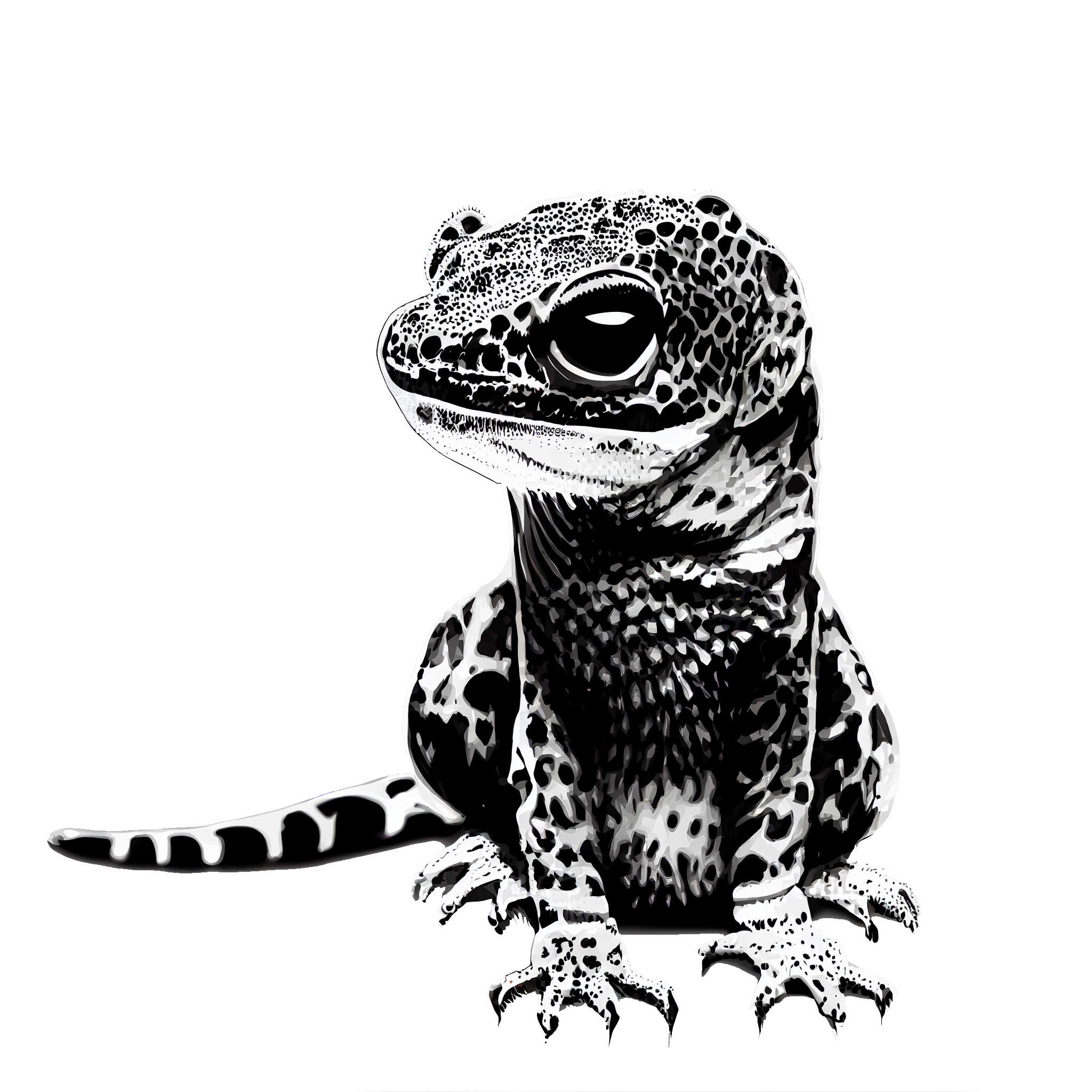 Detailed black-and-white illustration of a gecko, perfect for reptile memorial products and keepsakes