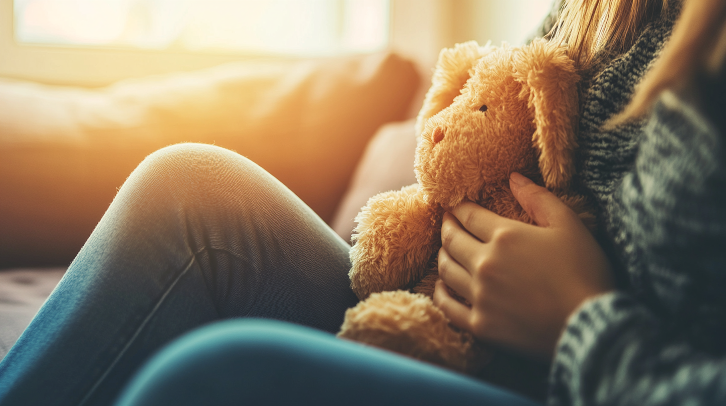 Woman holding a plush toy on a cozy couch, symbolizing comfort and remembrance in pet loss. Perfect for pet memorial keepsakes and personalized gifts