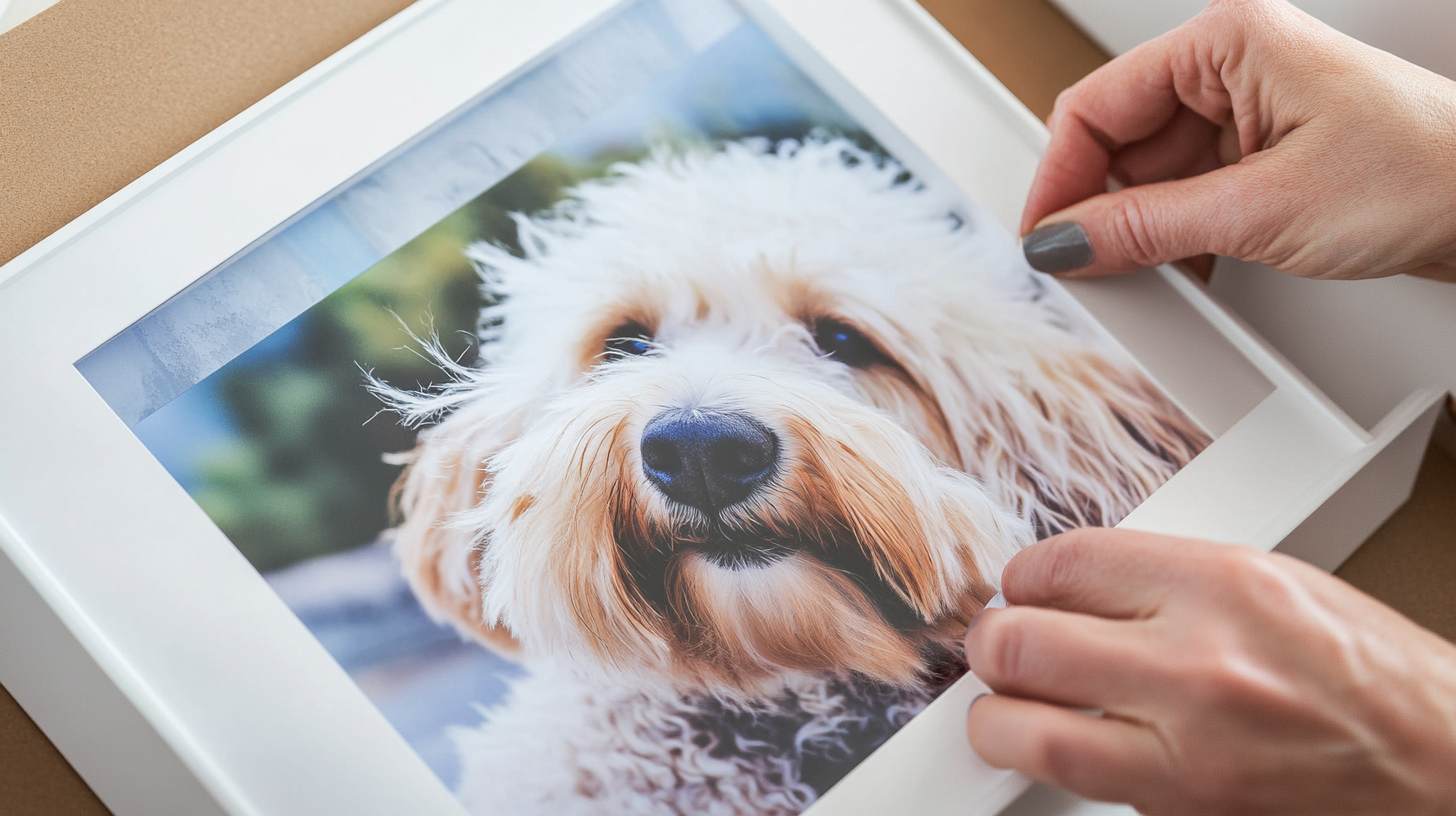 Hands placing a framed photo of a fluffy dog, ideal for personalized pet memorial keepsakes