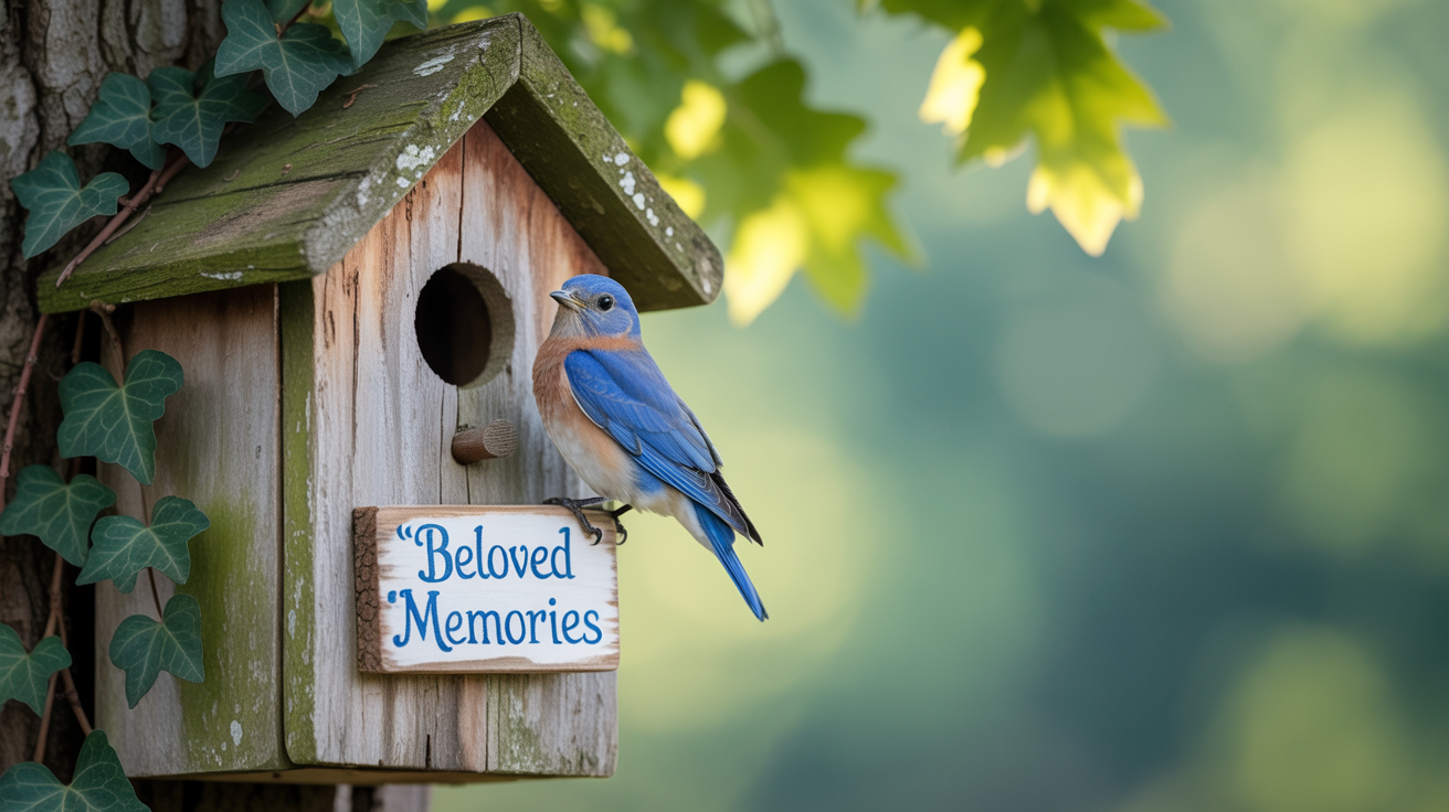 A serene bluebird perched on a rustic wooden birdhouse with a sign reading 'Beloved Memories,' surrounded by ivy and soft green leaves — symbolizing remembrance and gentle tribute