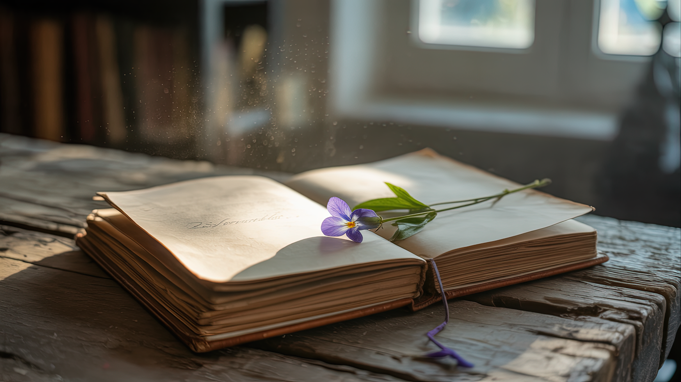 An open vintage journal with a purple flower resting on its pages, bathed in soft sunlight on a rustic wooden table
