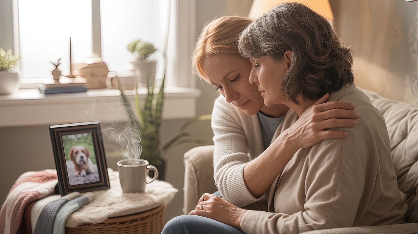 Two women sit close together in a softly lit room, one comforting the other in quiet grief. A framed photo of a dog and a steaming mug rest nearby, symbolizing remembrance and support after pet loss.