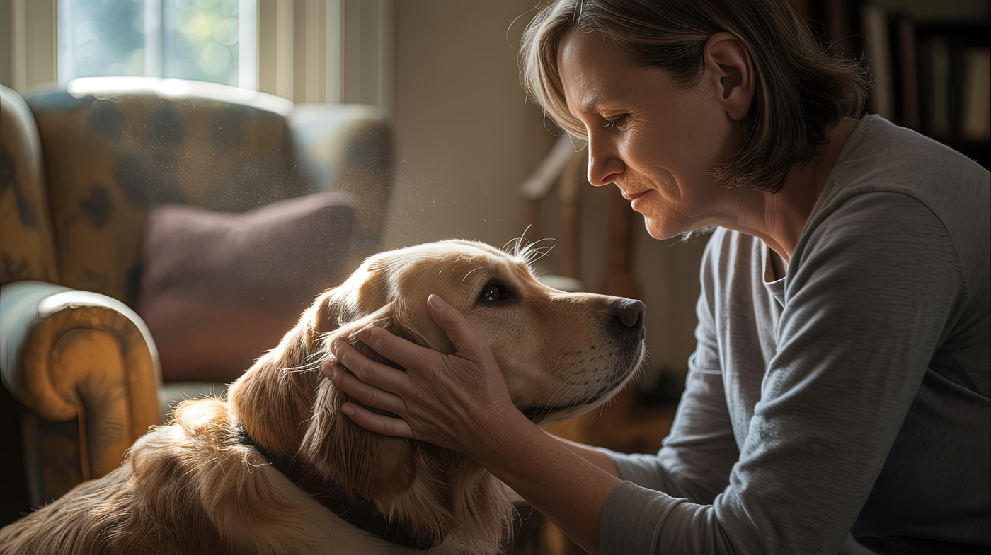 A woman gently holds the face of her golden retriever, sharing a quiet, intimate moment of connection in a softly lit living room.