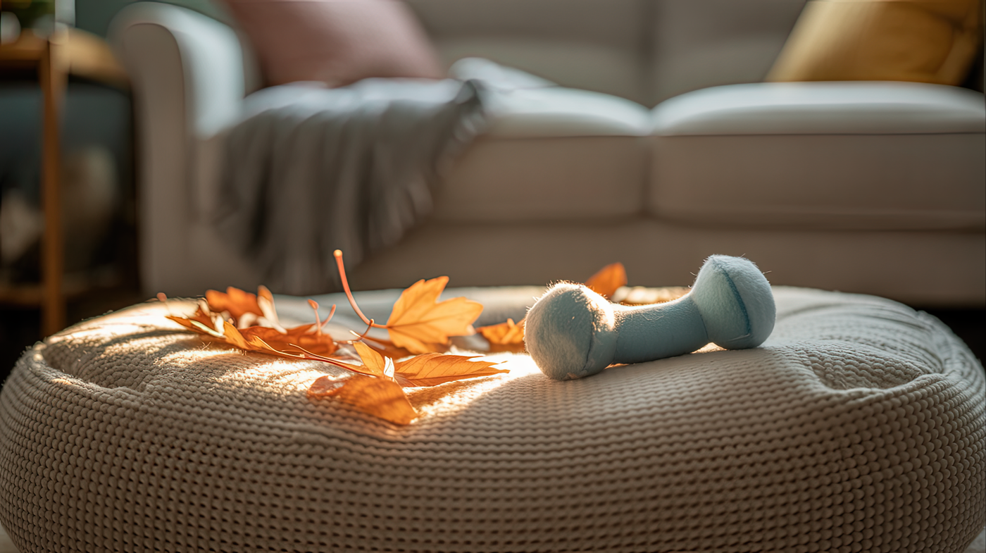 A plush dog toy sits untouched on a textured ottoman, scattered with dry autumn leaves, in soft afternoon light—evoking absence and memory in a quiet living room.