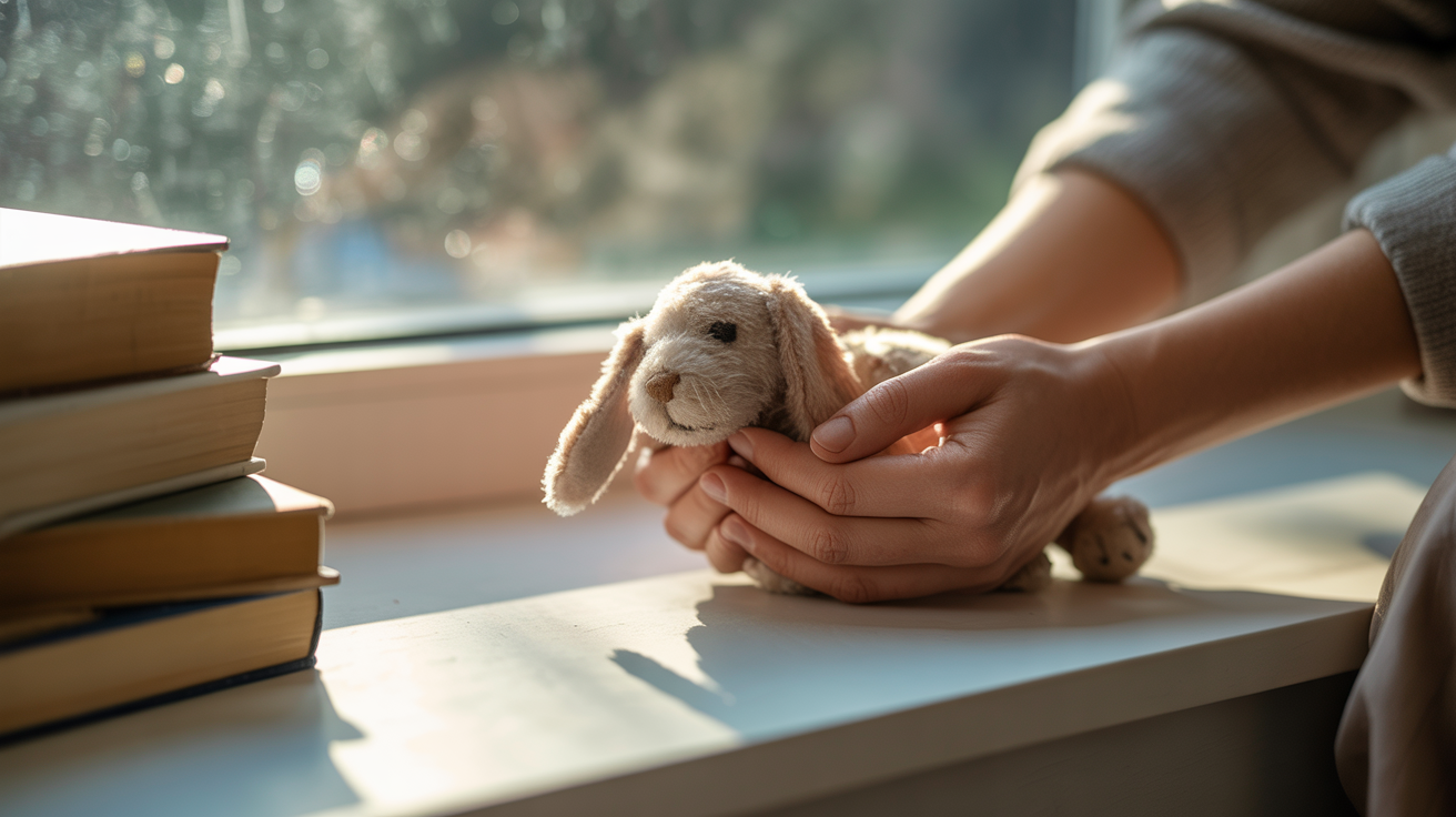 Hands gently holding a small stuffed animal by a sunlit window, with stacked books nearby — symbolizing quiet remembrance and emotional reflection