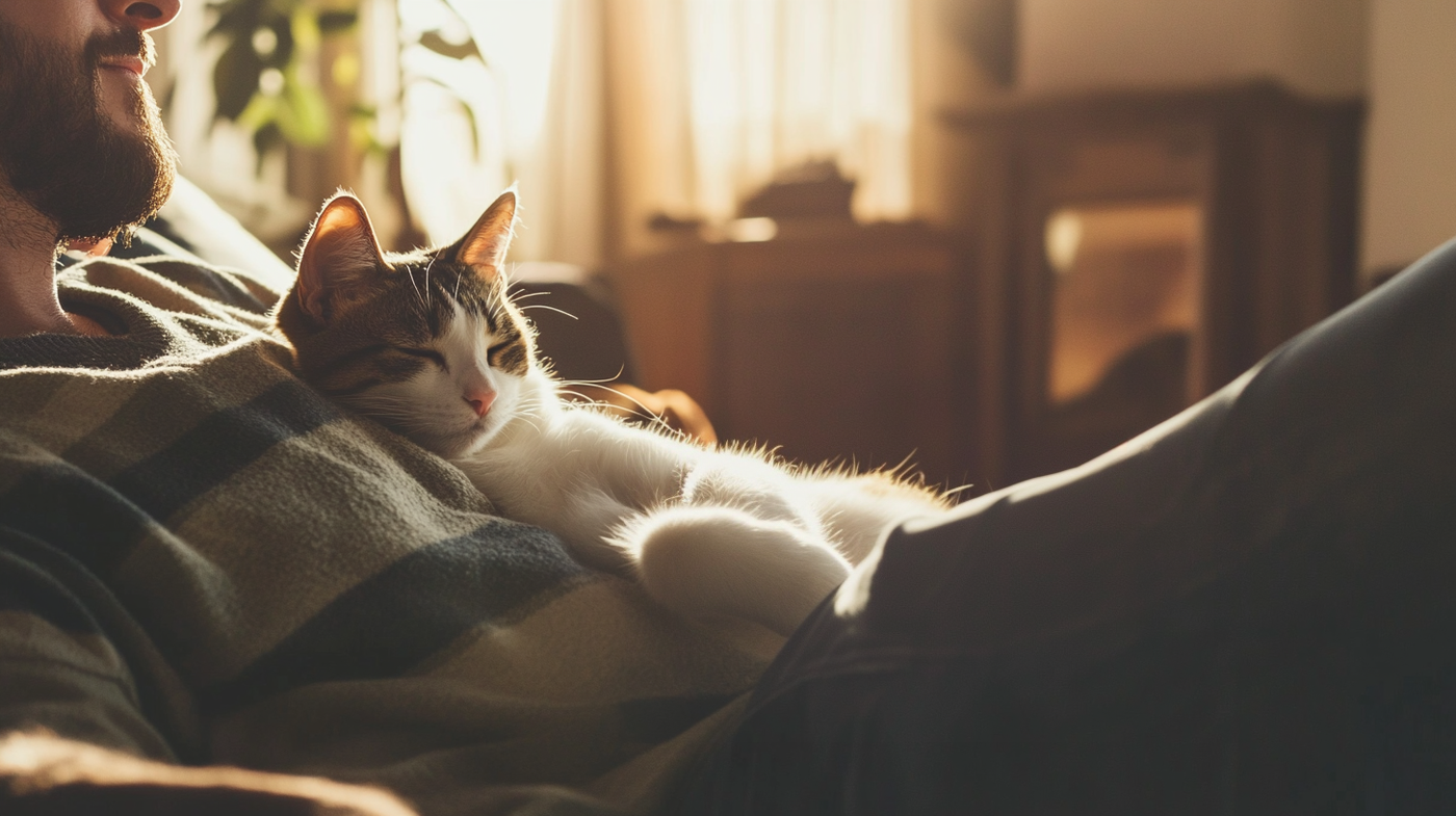 A serene moment with a cat resting on a human, symbolizing comfort and emotional healing through companionship.