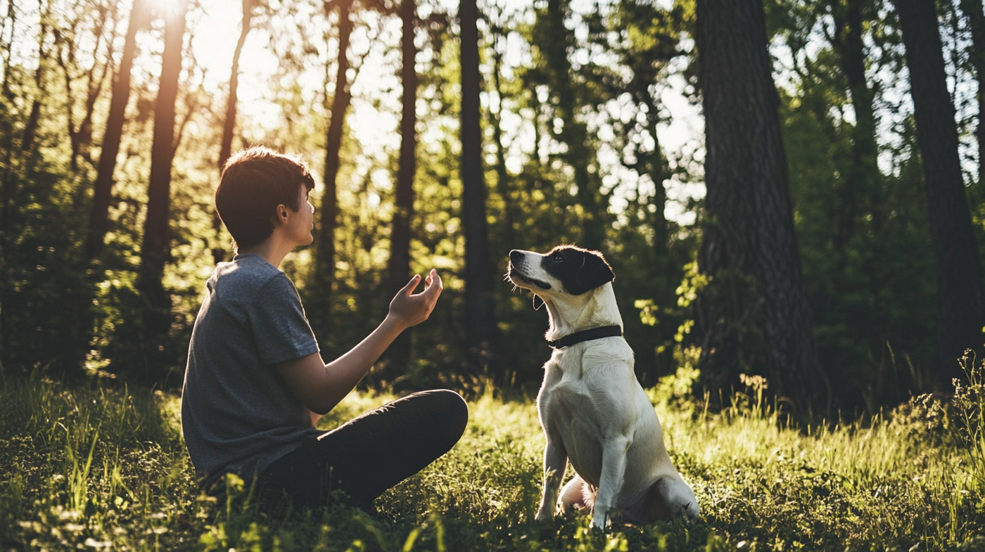 Person communicating with a dog in a peaceful forest, symbolizing mutual understanding and connection.