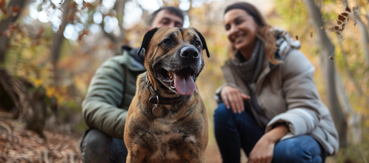 A rescued dog sitting close to their new family, symbolizing love and second chances, with autumn leaves creating a warm, hopeful atmosphere