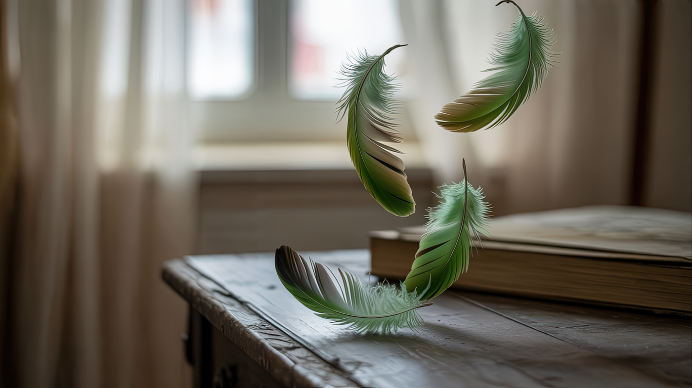 Several green parrot feathers float gently above a wooden table near a softly lit window, evoking the lingering presence of a beloved bird now gone.
