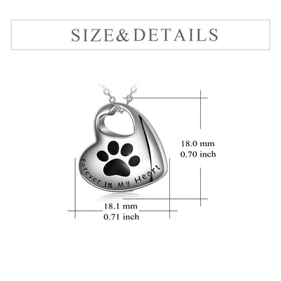 Heart-shaped pendant with paw print and 'Forever In My Heart' text, shown with measurements on a white background.
