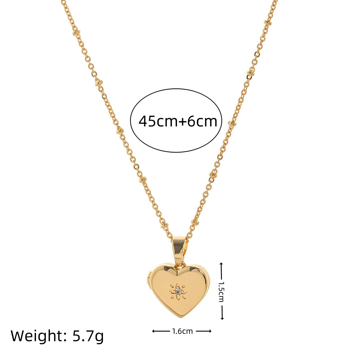 Gold heart-shaped pendant necklace with measurements and weight on a white background