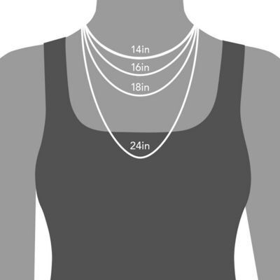 Measurement chart for necklace lengths on a mannequin with black tank top