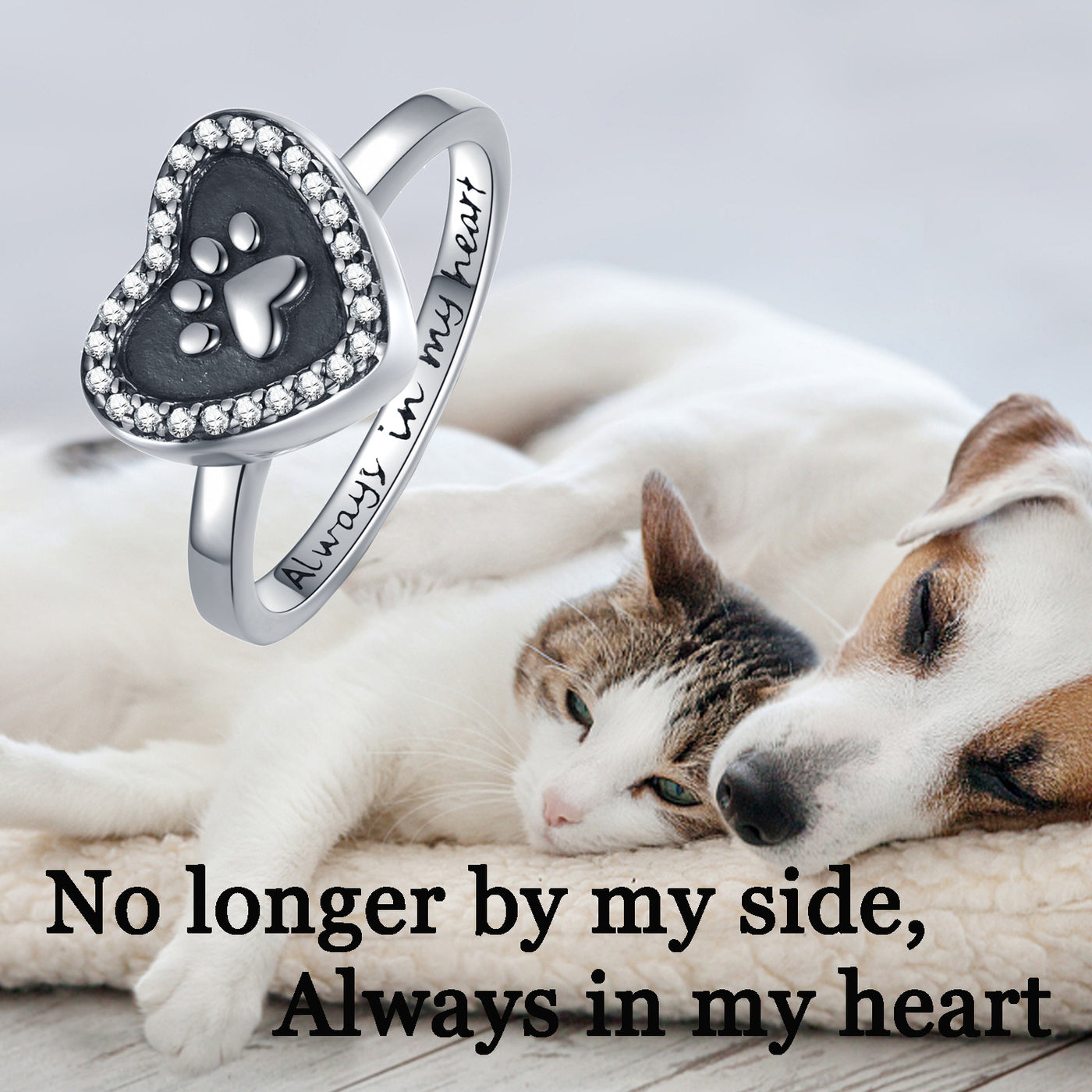 Silver ring with paw print design on a cat and dog lying together, with text 'No longer by my side, Always in my heart'.