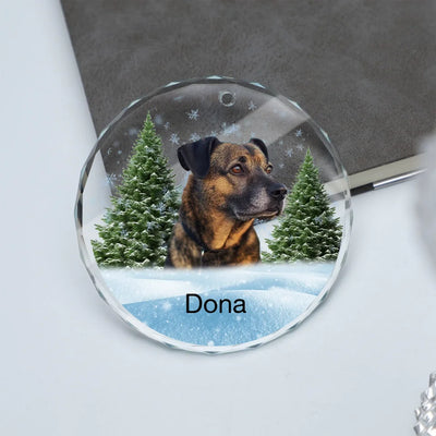 Circle-shaped glass ornament featuring a photo of a pet, surrounded by a winter forest scene, ideal as a pet memorial keepsake