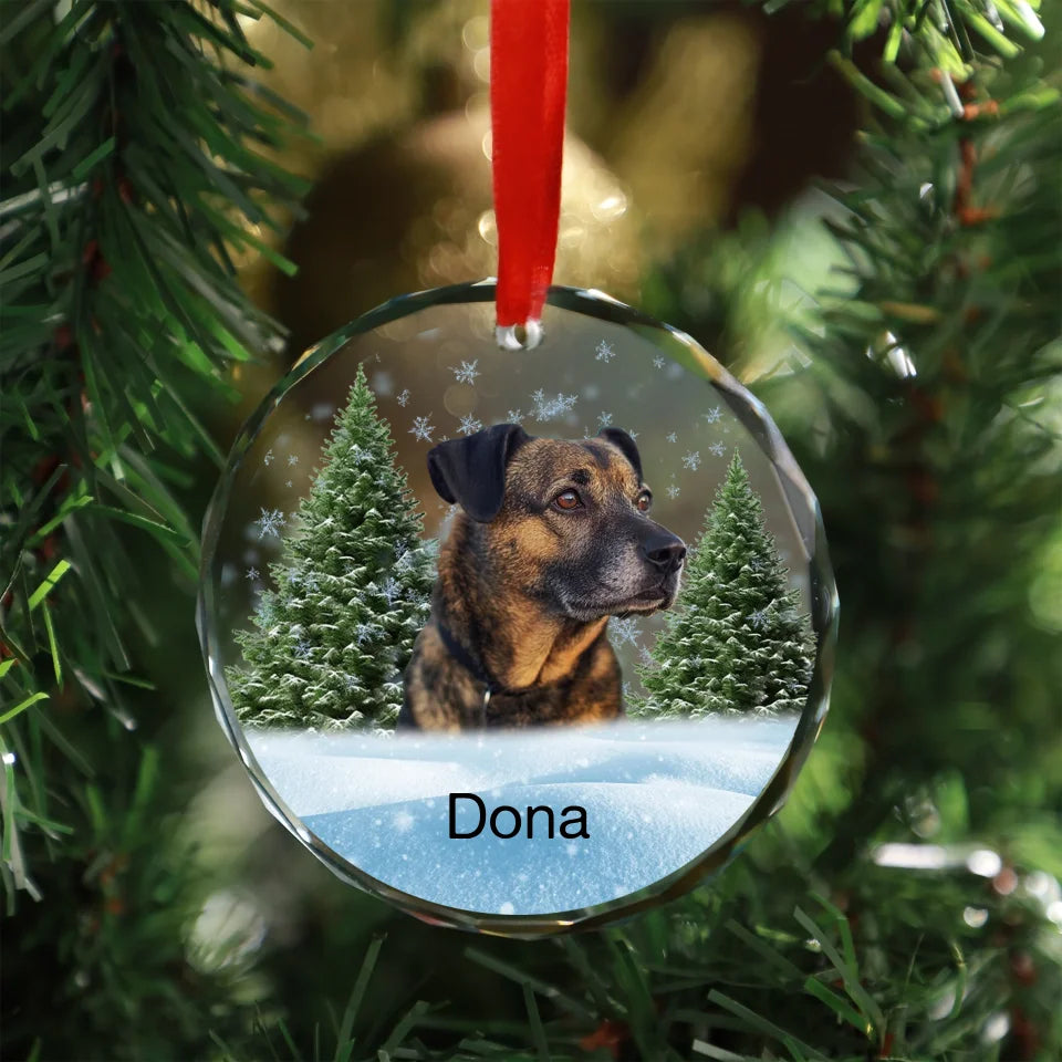 Glass ornament featuring a photo of a dog, surrounded by a winter forest scene, ideal as a pet memorial keepsake