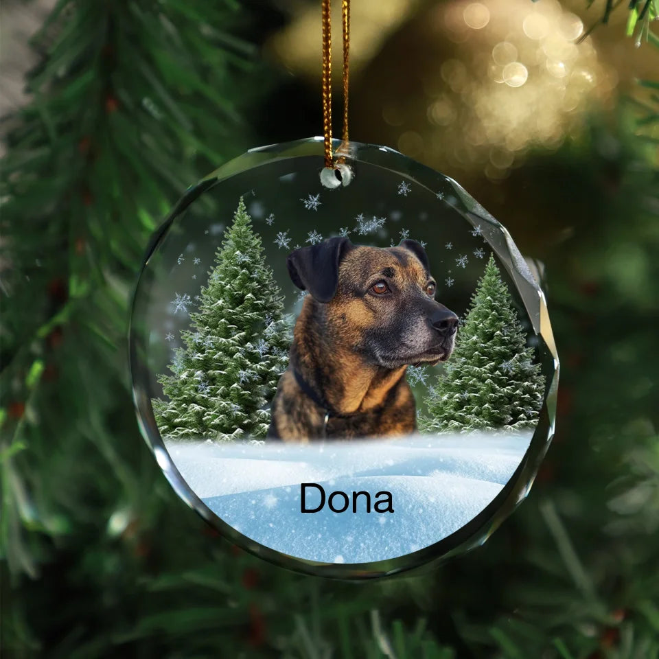 Circle-shaped glass ornament featuring a photo of a dog, surrounded by a winter forest scene, ideal as a pet memorial keepsake
