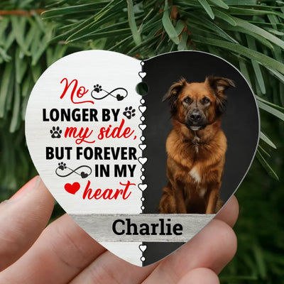 Wooden heart-shaped ornament featuring a pet photo and customizable quote, perfect for memorializing beloved pets