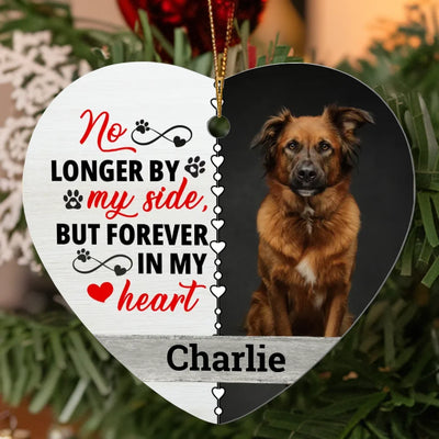 Wooden heart-shaped ornament featuring a pet photo and customizable quote, perfect for memorializing beloved pets