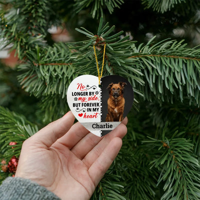 Wooden heart-shaped ornament featuring a pet photo and customizable quote, perfect for memorializing beloved pets