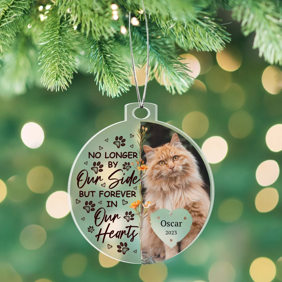 Round acrylic ornament with a pet photo, paw prints, and the phrase "Forever in Our Hearts," ideal for a personalized pet memorial gift