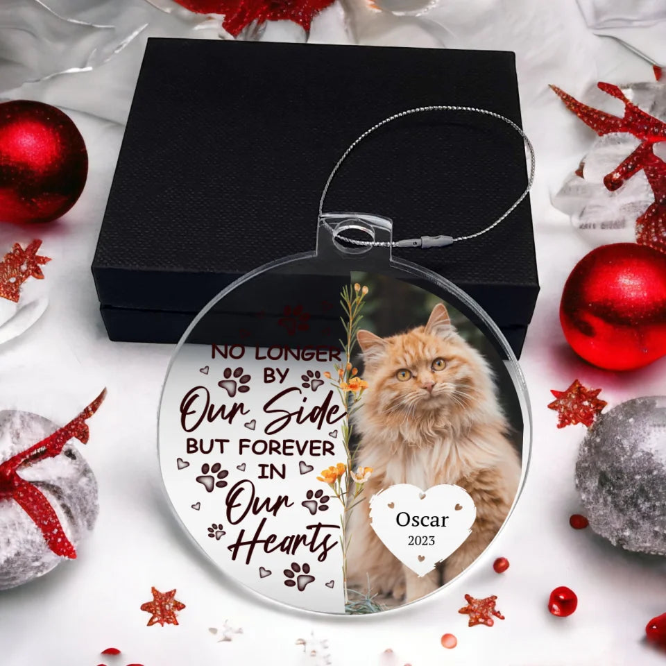 Round acrylic ornament with a pet photo, paw prints, and the phrase "Forever in Our Hearts," ideal for a personalized pet memorial gift