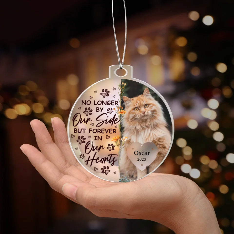 Round acrylic ornament with a pet photo, paw prints, and the phrase "Forever in Our Hearts," ideal for a personalized pet memorial gift