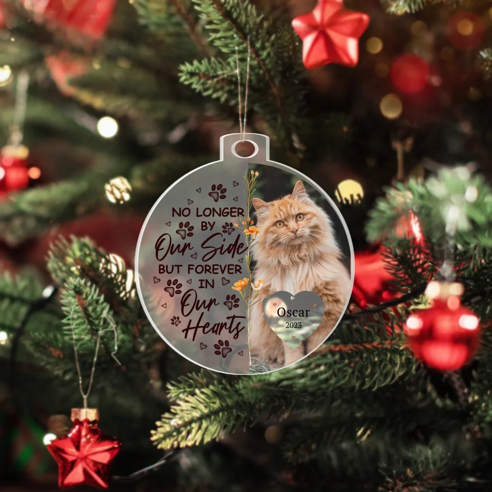 Round acrylic ornament with a pet photo, paw prints, and the phrase "Forever in Our Hearts," ideal for a personalized pet memorial gift