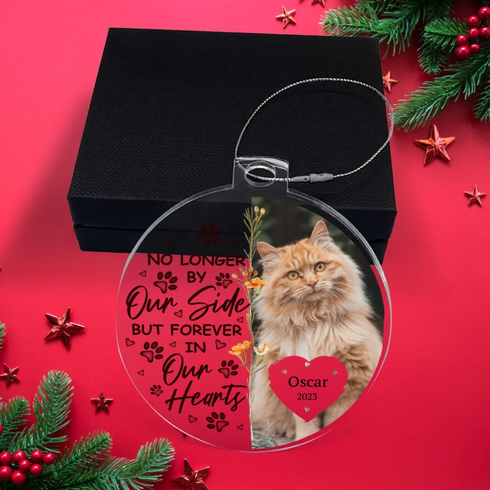 Round acrylic ornament with a pet photo, paw prints, and the phrase "Forever in Our Hearts," ideal for a personalized pet memorial gift