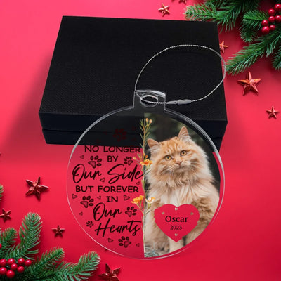 Round acrylic ornament with a pet photo, paw prints, and the phrase "Forever in Our Hearts," ideal for a personalized pet memorial gift