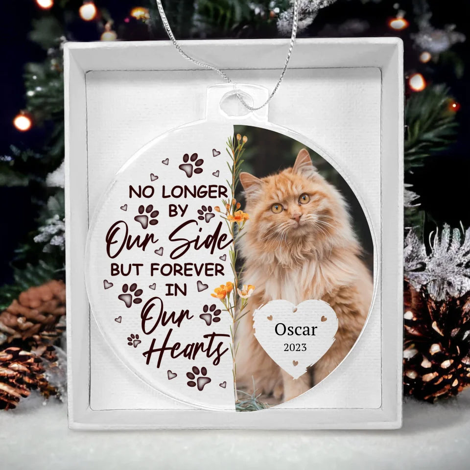 Round acrylic ornament with a pet photo, paw prints, and the phrase "Forever in Our Hearts," ideal for a personalized pet memorial gift