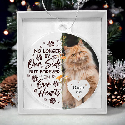 Round acrylic ornament with a pet photo, paw prints, and the phrase "Forever in Our Hearts," ideal for a personalized pet memorial gift