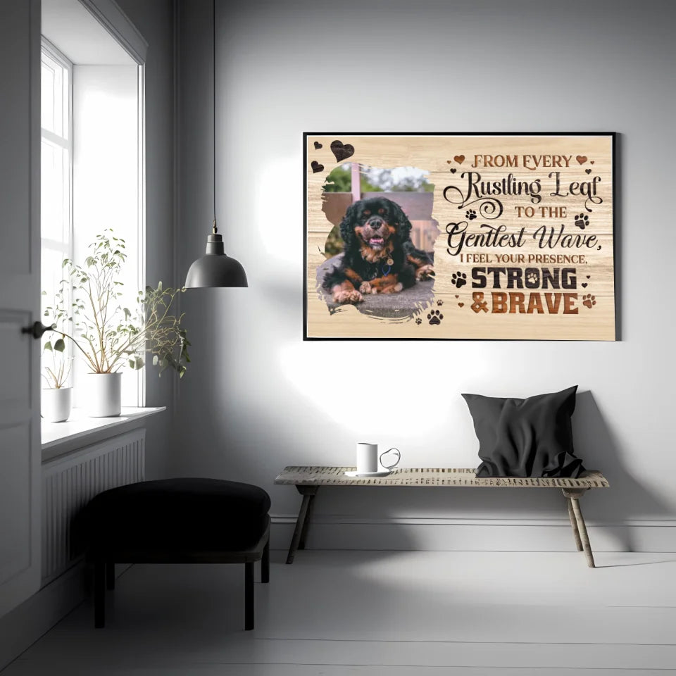 Horizontal pet memorial poster with a custom photo and the quote, "I Feel Your Presence," ideal for celebrating cherished memories