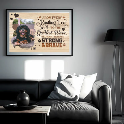 Horizontal pet memorial poster with a custom photo and the quote, "I Feel Your Presence," ideal for celebrating cherished memories