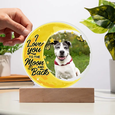 Custom Acrylic Plaque LED light with a pet photo and the message "Love You to the Moon and Back," perfect for a unique pet memorial