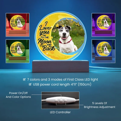 Custom Acrylic Plaque LED light with a pet photo and the message "Love You to the Moon and Back," perfect for a unique pet memorial
