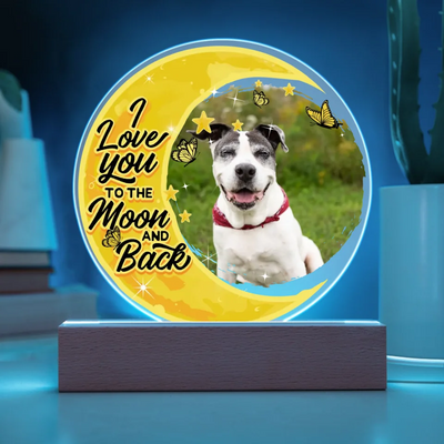Custom Acrylic Plaque LED light with a pet photo and the message "Love You to the Moon and Back," perfect for a unique pet memorial
