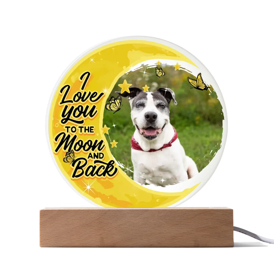 Custom Acrylic Plaque LED light with a pet photo and the message "Love You to the Moon and Back," perfect for a unique pet memorial