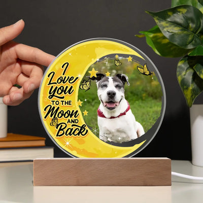 Custom Acrylic Plaque LED light with a pet photo and the message "Love You to the Moon and Back," perfect for a unique pet memorial