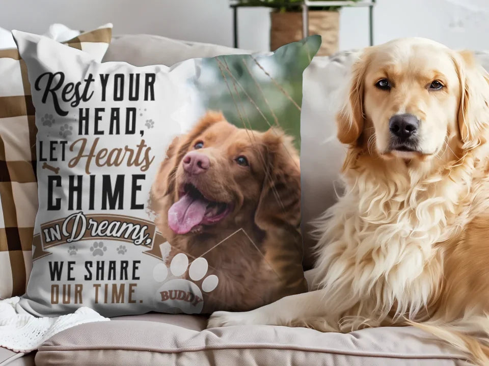 Custom memorial photo pillow with a pet image and the quote "In Dreams We Share Our Time," ideal for celebrating cherished memories