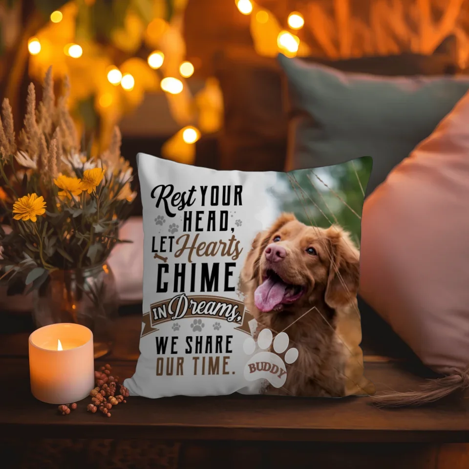 Custom memorial photo pillow with a pet image and the quote "In Dreams We Share Our Time," ideal for celebrating cherished memories