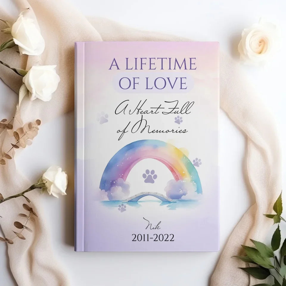 Pet memorial journal with a customizable cover featuring a pet photo, name, and years, designed for healing and cherishing memories