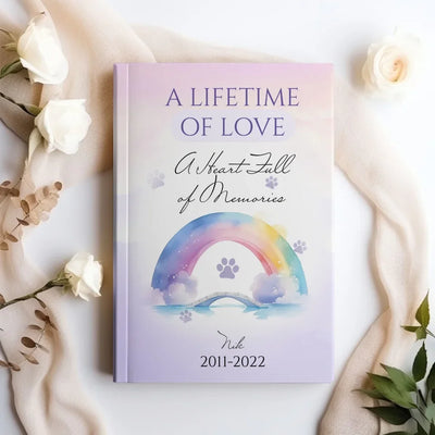 Pet memorial journal with a customizable cover featuring a pet photo, name, and years, designed for healing and cherishing memories