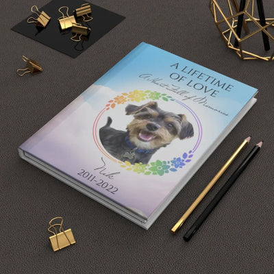 Pet memorial journal with a customizable cover featuring a pet photo, name, and years, designed for healing and cherishing memories