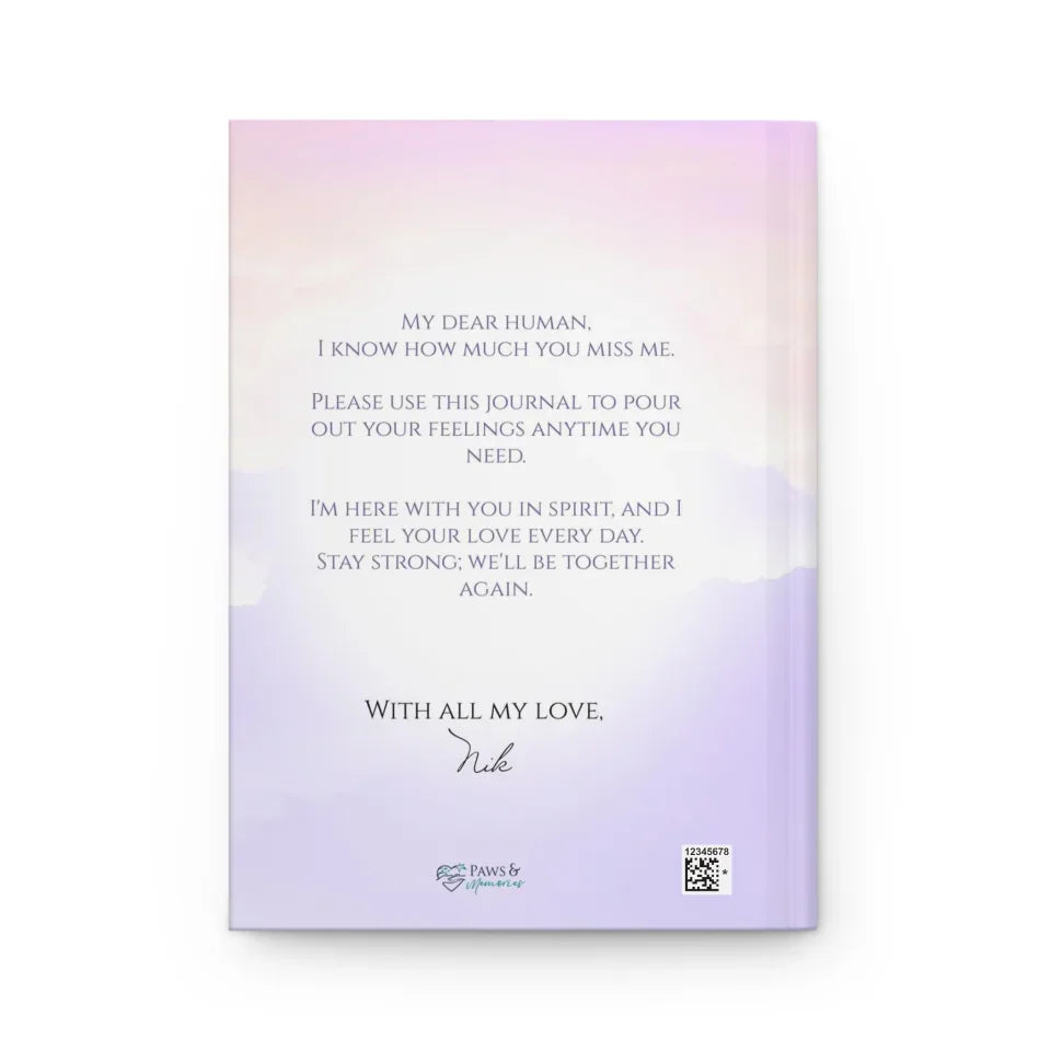 Back Pet memorial journal with a customizable cover featuring a pet photo, name, and years