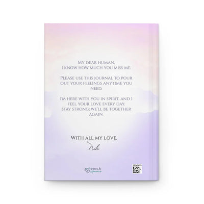 Back Pet memorial journal with a customizable cover featuring a pet photo, name, and years