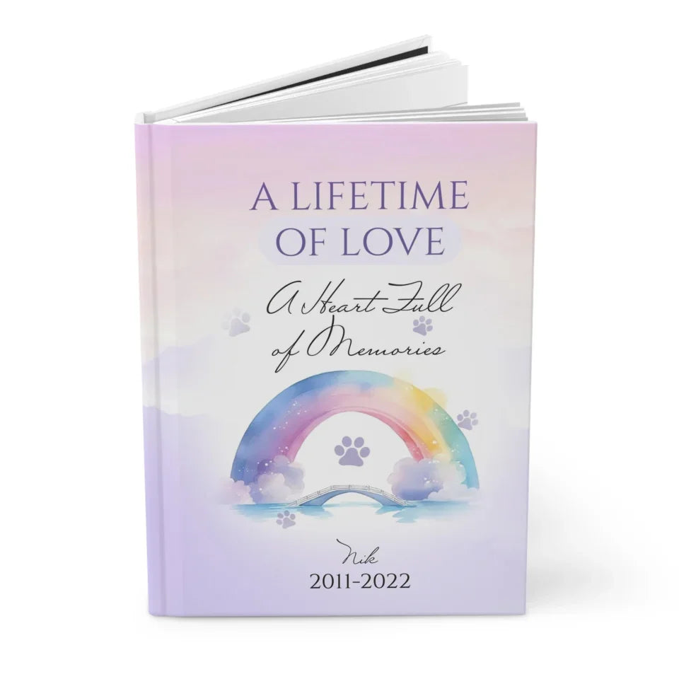 Pet memorial journal with a customizable cover featuring a pet photo, name, and years, designed for healing and cherishing memories