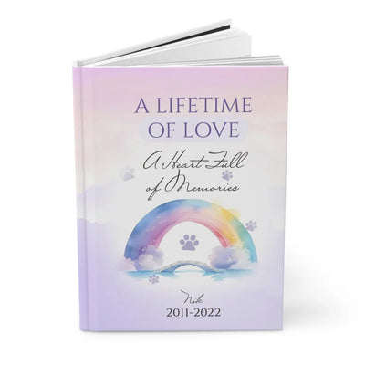Pet memorial journal with a customizable cover featuring a pet photo, name, and years, designed for healing and cherishing memories