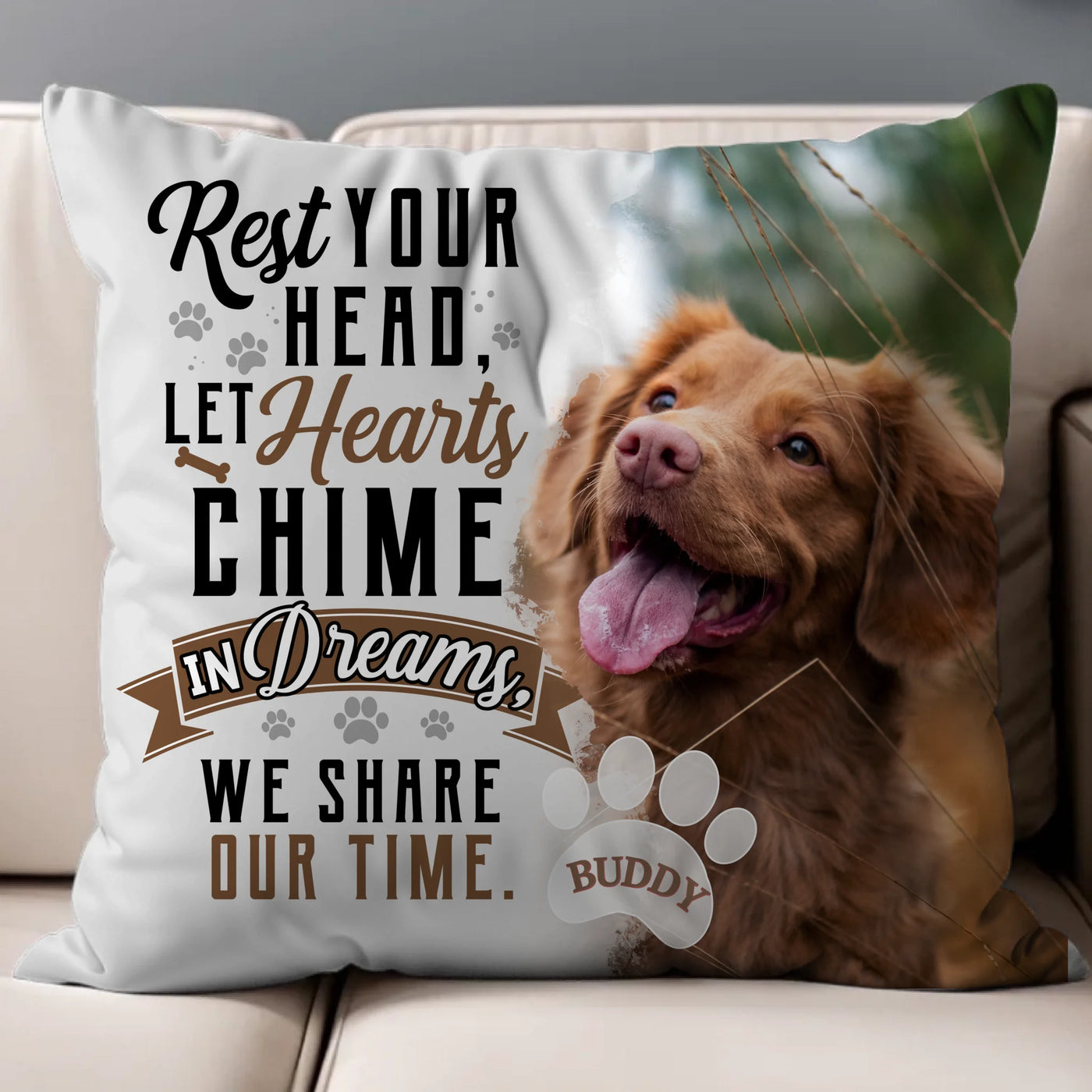 Custom memorial photo pillow with a pet image and the quote "In Dreams We Share Our Time," ideal for celebrating cherished memories