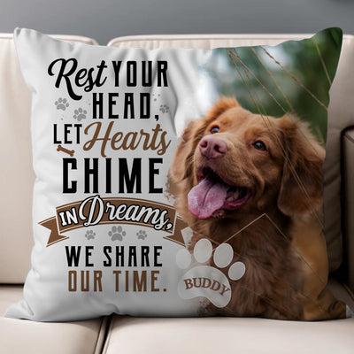 Custom memorial photo pillow with a pet image and the quote "In Dreams We Share Our Time," ideal for celebrating cherished memories