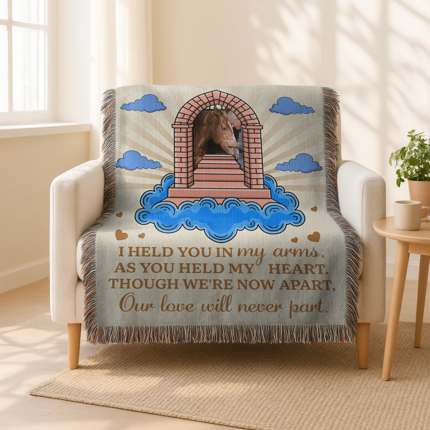 Personalized pet memorial woven blanket with stairway, cloud design, custom photo, and heartfelt remembrance poem